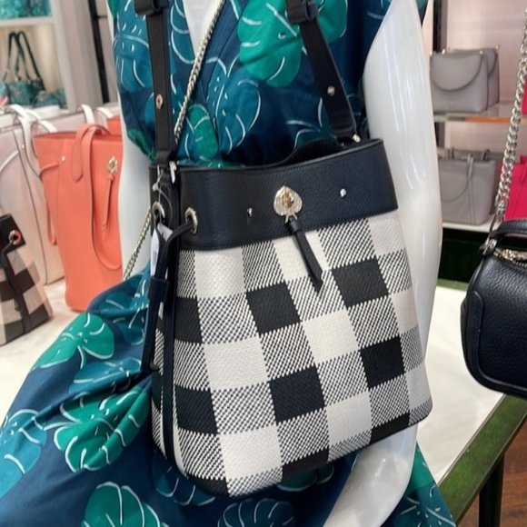 kate spade Bags Kate Spade Marti Gingham Woven Straw Mixed Media Large Bucket Bag Black